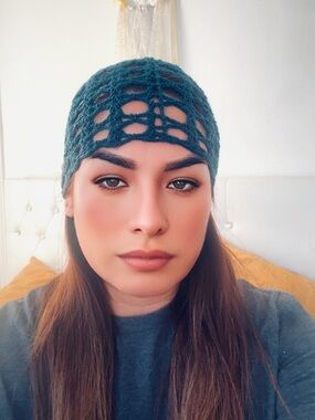 Trendy Boho Handmade Shiny Teal Crochet Beanie. New